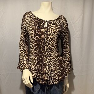 Vintage Leopard Print Blouse Accordion Pleated Bell Sleeves MobWife Size XL